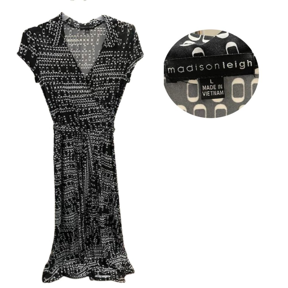 Black White Wrap Dress Large Flowy V Neck Midi Maxi Dress